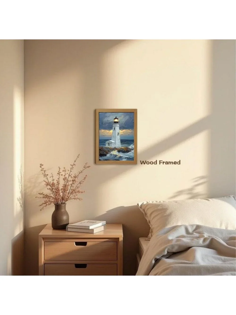 Blue Ocean Island Lighthouse Wall Art - 16x12 Framed Decor for Coastal Home